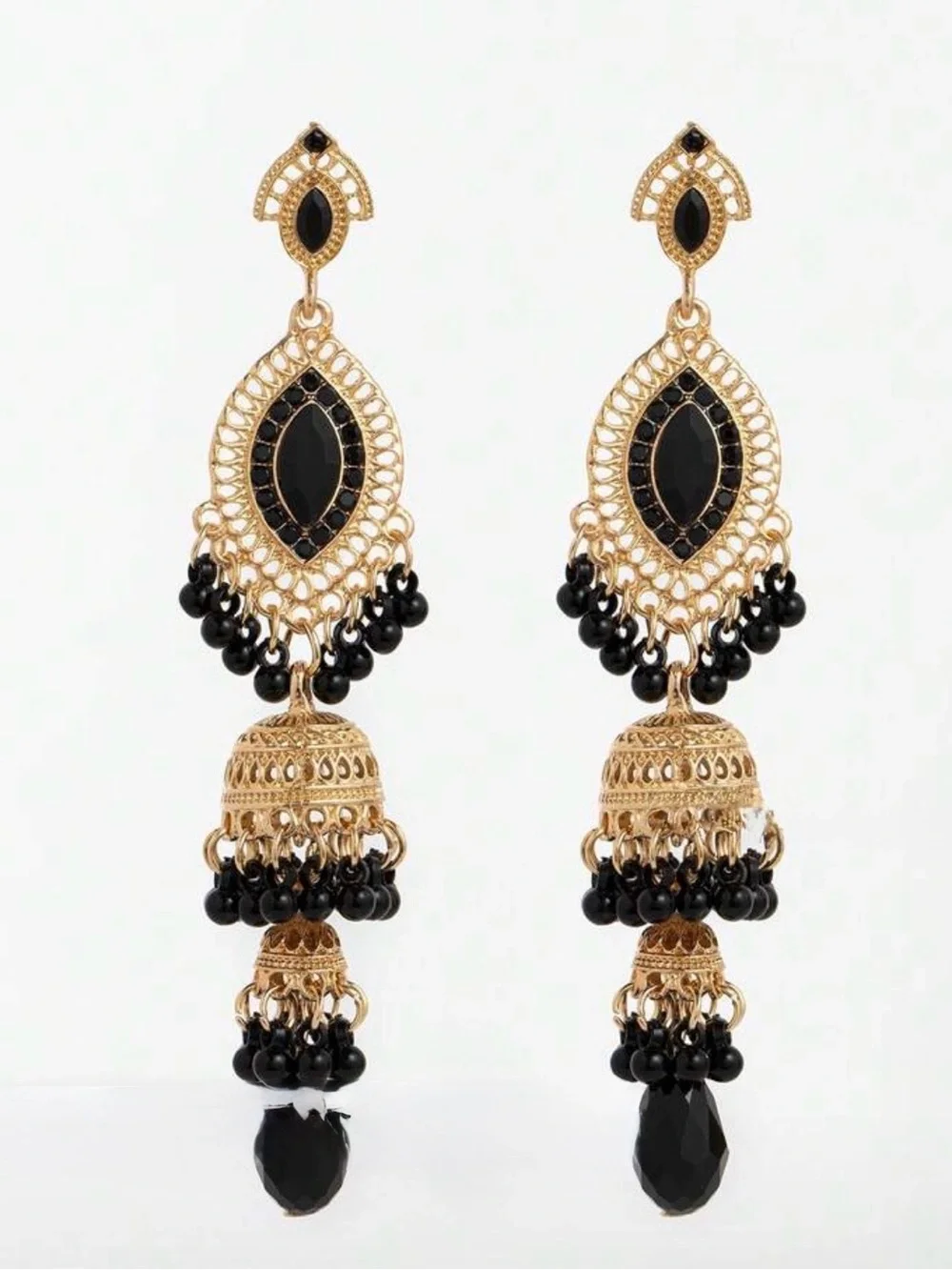 Gold and Black Jhumka Earrings - Elegant Women's Drop Jewelry